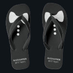 White Bow Tie on Black Cute Fun Best Man Wedding Jandals<br><div class="desc">These fun flip flops are a great way to thank the best man at your wedding. They feature a cute mock tuxedo design with a white bow tie and buttons at the top and his name and title below.</div>