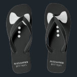 White Bow Tie on Black Cute Fun Best Man Wedding Jandals<br><div class="desc">These fun flip flops are a great way to thank the best man at your wedding. They feature a cute mock tuxedo design with a white bow tie and buttons at the top and his name and title below.</div>