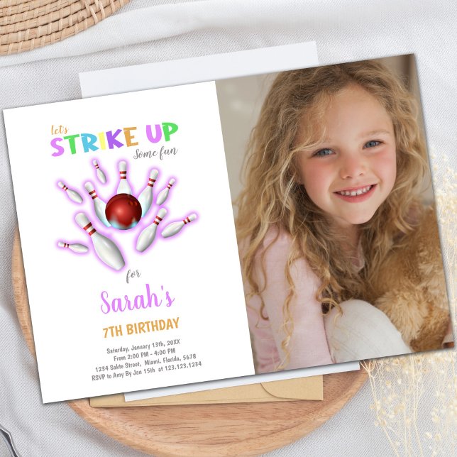 White Bowling Birthday Invitations with photo (White Bowling Birthday Invitations with photo)