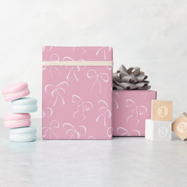 White Bows Seamless Pattern Pink Wrapping Paper (Baby Shower)