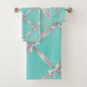 White Bows Turquoise Robin's Egg Blue Bath Towel Set