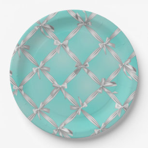 White Bows Turquoise Robin's Egg Blue Bridal Party Paper Plate
