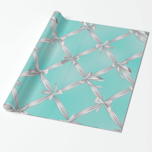 White Bows Turquoise Robin's Egg Blue Bridal Party Wrapping Paper (Unrolled)
