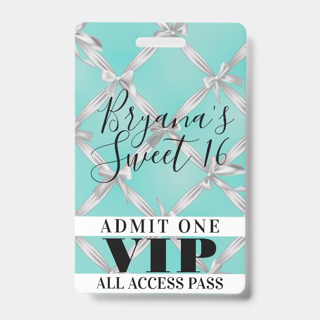 White Bows Turquoise Sweet 16 Party VIP Pass Badge ID Badge (Front)