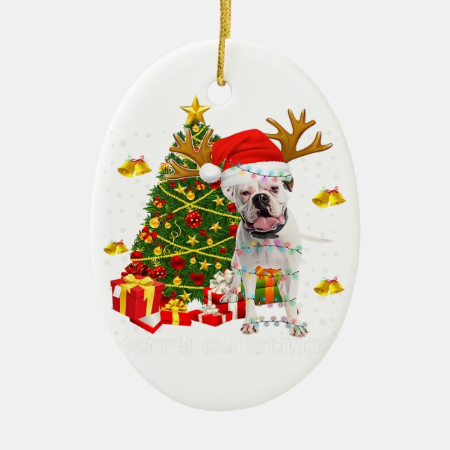 White Boxer Dog Christmas Lights Tree Santa hat Ceramic Tree Decoration (Front)