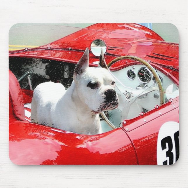 White Boxer Dog in Maserati mousepad (Front)