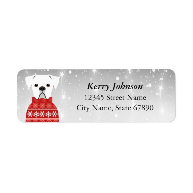 White Boxer Dog in Red Sweater Address Labels (Front)