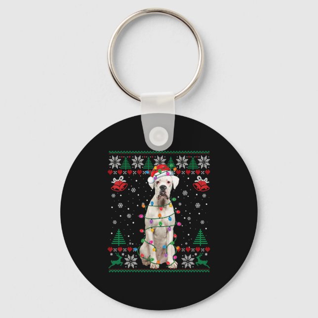 White Boxer Dog Ugly Christmas Sweater Funny Xmas  Key Ring (Front)