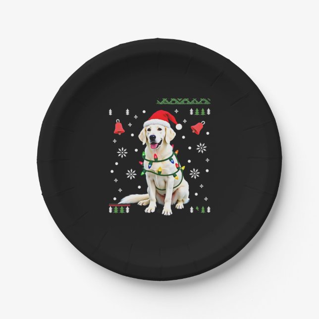 White Boxer Dog Ugly Christmas Sweater Funny Xmas  Paper Plate (Front)