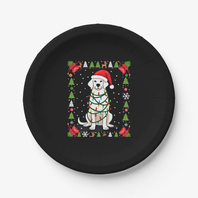 White Boxer Dog Ugly Christmas Sweater Funny Xmas  Paper Plate (Front)