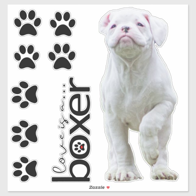 White Boxer Puppy and Dog Paw Stickers (Sheet)