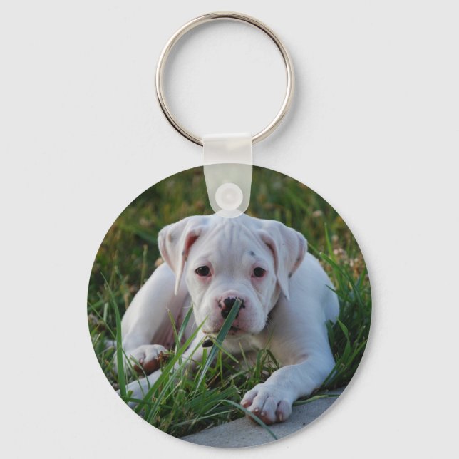 White Boxer Puppy Key Ring (Front)