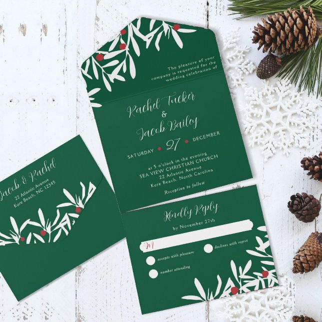White Branches & Berries Christmas Wedding Green All In One Invitation (Creator Uploaded)