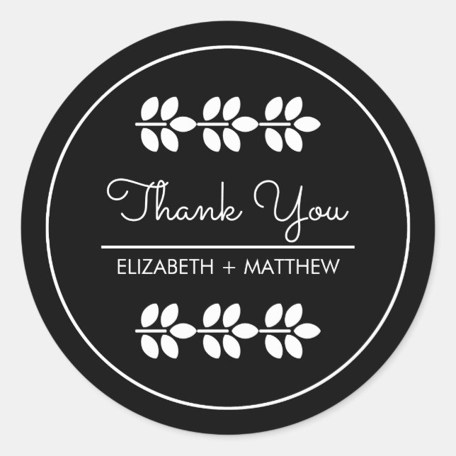  White Branches Black Wedding Thank You Classic Round Sticker (Front)