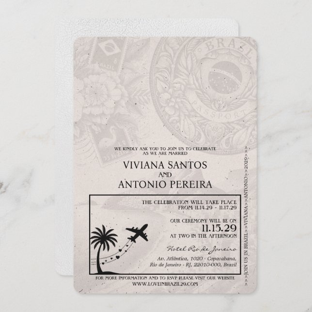 White Brazil Passport Wedding Invitation (Front/Back)