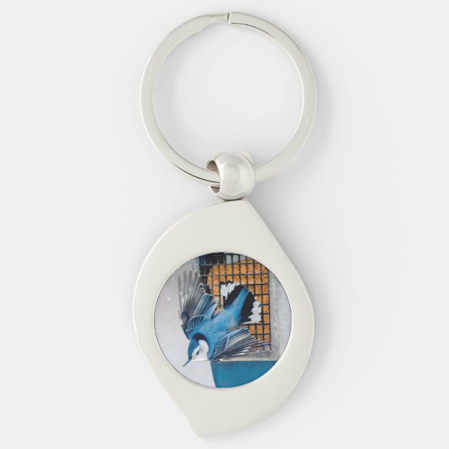 White-Breasted Nuthatch in Snow - Original Photo Key Ring (Front)