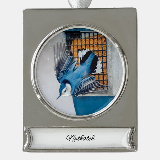 White-Breasted Nuthatch in Snow - Original Photo Silver Plated Banner Ornament (Front)
