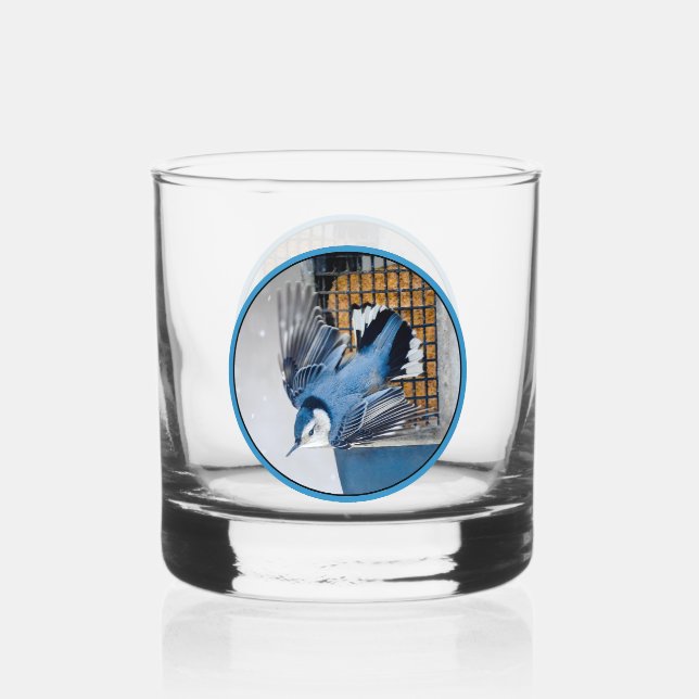 White-Breasted Nuthatch in Snow Whiskey Glass (Front)
