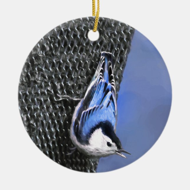 White-Breasted Nuthatch Painting Original Bird Art Ceramic Tree Decoration (Front)