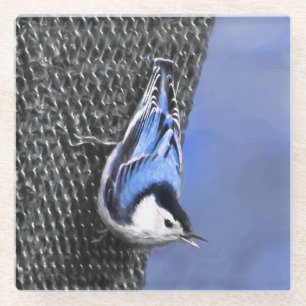 White-Breasted Nuthatch Painting Original Bird Art Glass Coaster