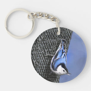 White-Breasted Nuthatch Painting Original Bird Art Key Ring