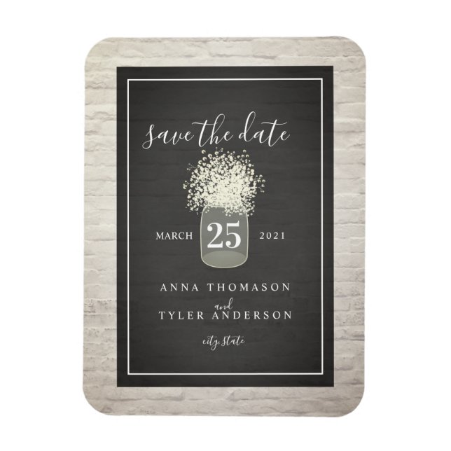 White Brick Baby's Breath Wedding Save The Date Magnet (Vertical)