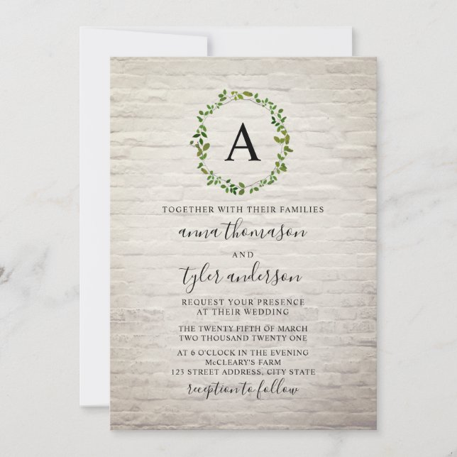 White Brick Wreath Monogram Wedding Invitation (Front)