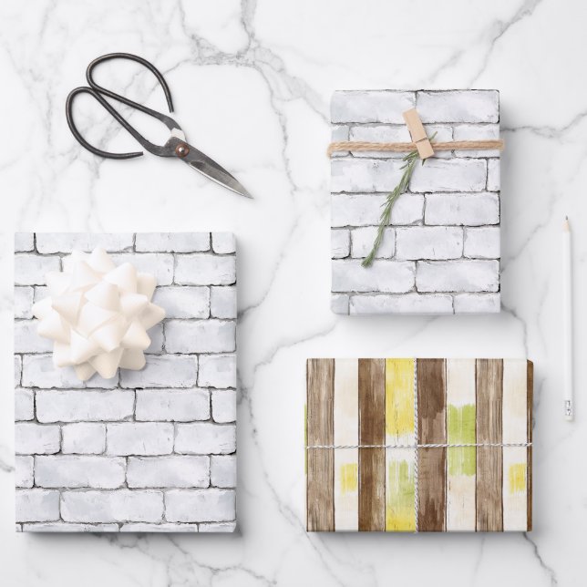 White Bricks Brown Lemon Yellow Green Stripes Wrapping Paper Sheet (Front)