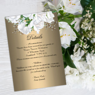 White Bridal Bouquet Roses on Gold Wedding Enclosure Card