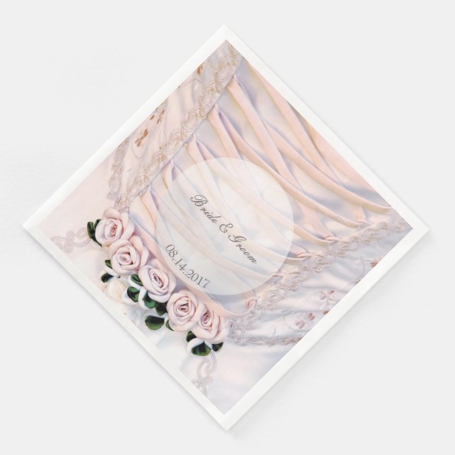 White Bridal Dress with Roses Wedding Napkin (Corner)