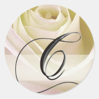 White Bridal Rose Monogram Sticker...Initial C Classic Round Sticker