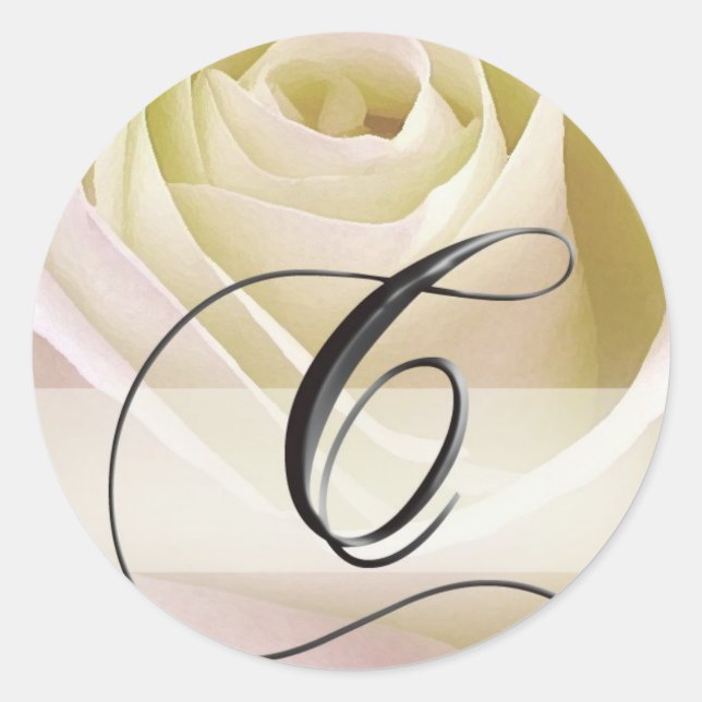 White Bridal Rose Monogram Sticker...Initial C Classic Round Sticker (Front)
