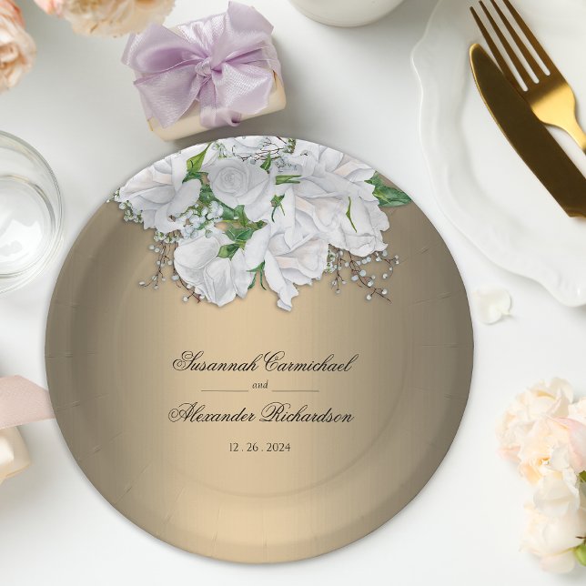 White Bridal Roses and Golden Elegance Wedding  Paper Plate (Creator Uploaded)