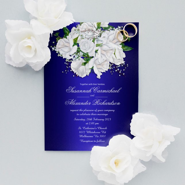 White Bridal Roses on Dark Blue Wedding Invite Postcard (Creator Uploaded)