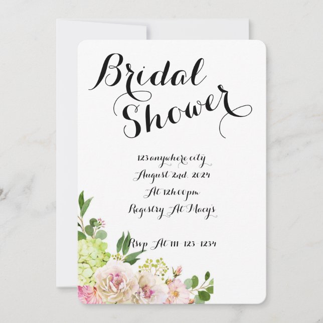 white bridal shower invitation with floral design (Front)