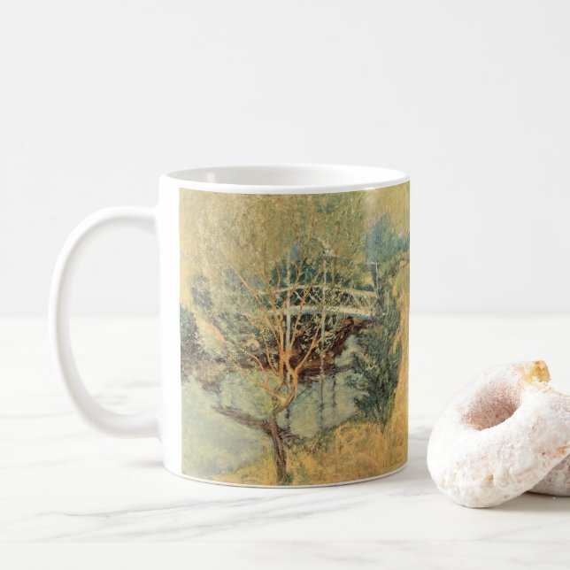 White Bridge by Twachtman, Vintage Impressionism Coffee Mug (With Donut)
