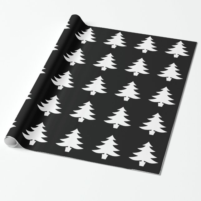 White Bright Christmas Tree Holiday Pattern Black Wrapping Paper (Unrolled)
