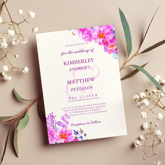 White bright pink lilac watercolor floral Wedding  Invitation (White bright pink lilac watercolor floral Wedding )