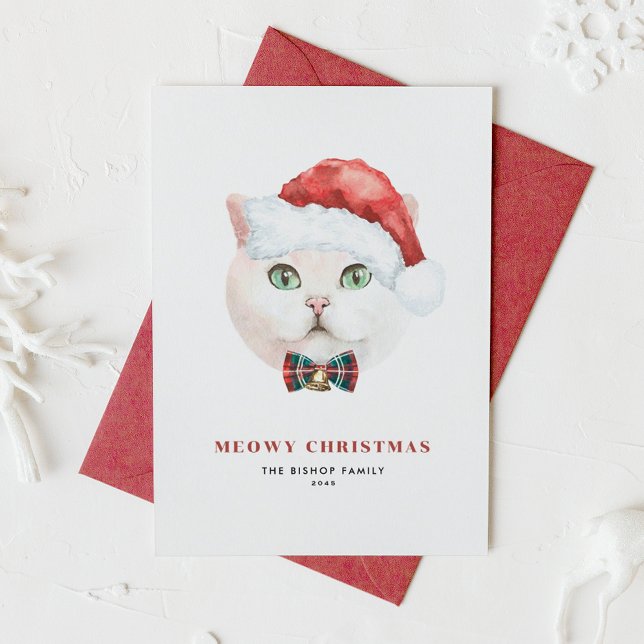 White British Shorthair Cat Santa Meowy Christmas Holiday Card (Creator Uploaded)