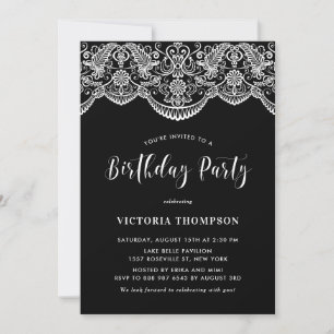 White Brocade Lace Black Birthday Party Invitation