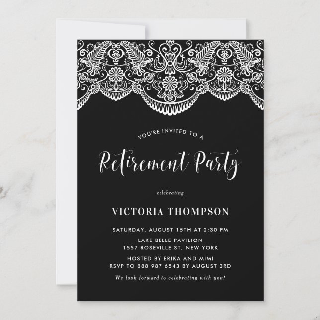 White Brocade Lace Black Retirement Party Invitation (Front)