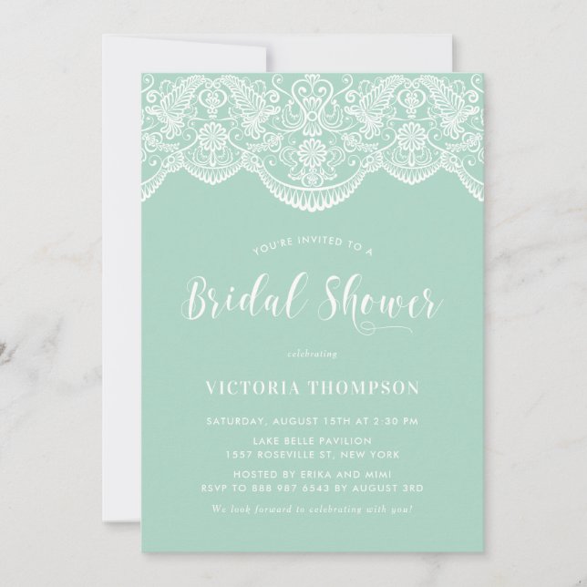 White Brocade Lace Mint Green Bridal Shower Invitation (Front)