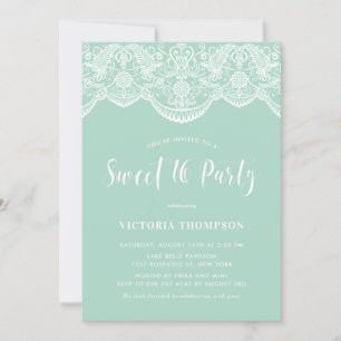 White Brocade Lace Mint Green Sweet 16 Party Invitation