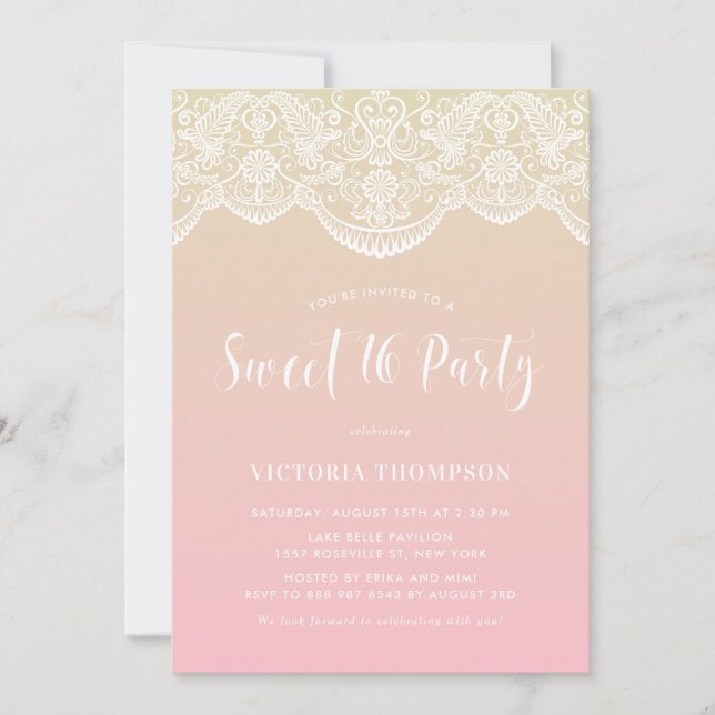 White Brocade Lace Pink Ombre Sweet 16 Party Invitation (Front)