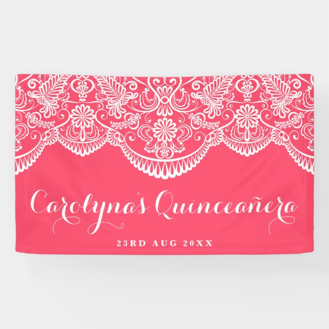 White Brocade Lace Pink Quinceañera Banner (Horizontal)