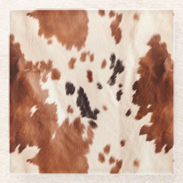 White Brown Cowhide Animal Print Glass Coaster (Front)