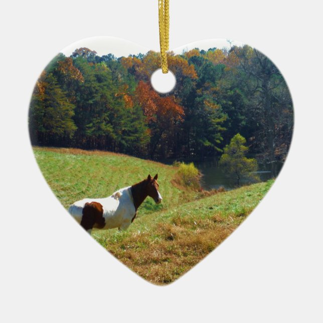White & Brown horse, Autumn pond Ceramic Tree Decoration (Front)