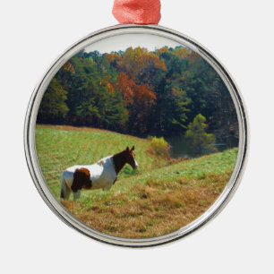 White & Brown horse, Autumn pond Metal Tree Decoration