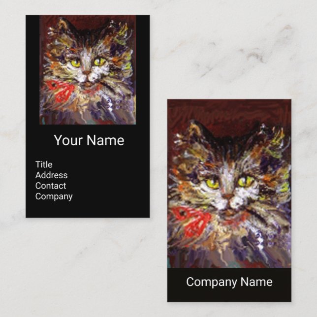 WHITE BROWN KITTY CAT PORTRAIT,RED RIBBON Black Business Card (Front/Back)