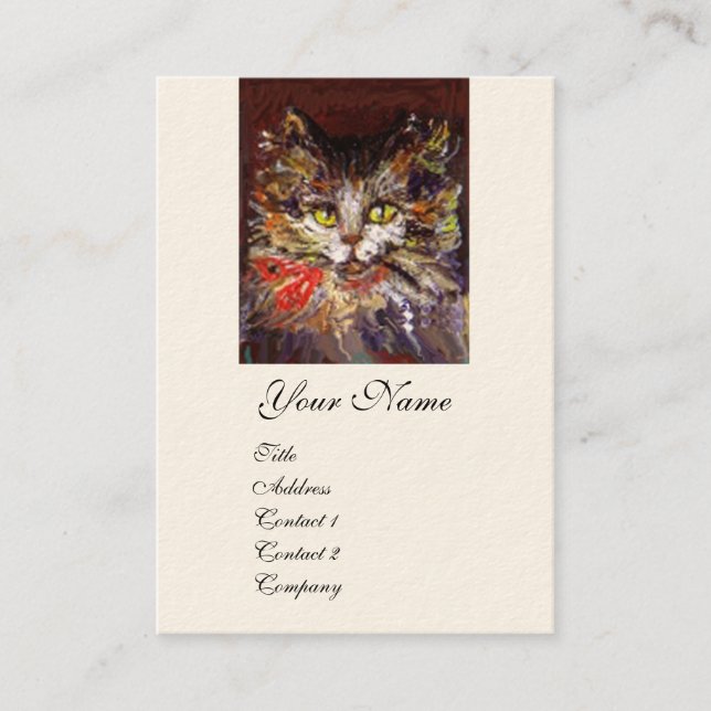 WHITE BROWN KITTY CAT PORTRAIT WITH RED RIBBON BUSINESS CARD (Front)